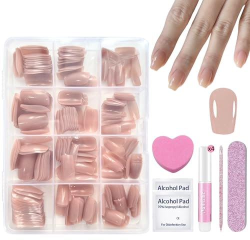 240PCS Stück Natürlich Acrylic Künstliche Nägel mit Nagelkleber - Nude Nail Tips Full Cover Nageltips - Glossy Press on Nails für Frauen und Mädchen (Nude Square)