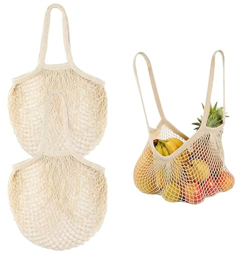 HANIUTTY Lot De 2 Sacs De Courses en Maille De Coton Réutilisables Beiges, Sac De Courses en Coton avec Longue Poignée pour Conserver Les Fruits Et Légumes
