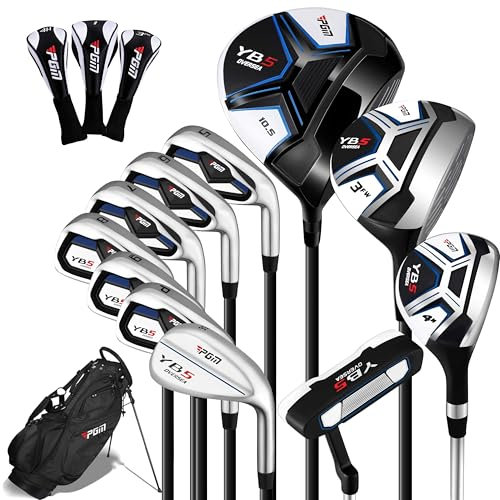 PGM Herren Golfschläger-Sets - 11-teilig Graphit - 2 Holz (#1,3), 1 Hybrid (#4H), 7 Eisen (#5,6,7,8,9,PW,SW), 1 Putter - Golfständer Tasche, Rechtshänder - Ideal für Anfänger