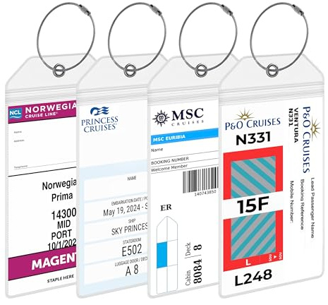 P&O, Cunard, Princess, MSC, Norwegian – Premium Cruise Luggage Tag Holders [4 Pack] – Waterproof, Durable Plastic with Steel Loops – Fits Most Major Cruise Lines