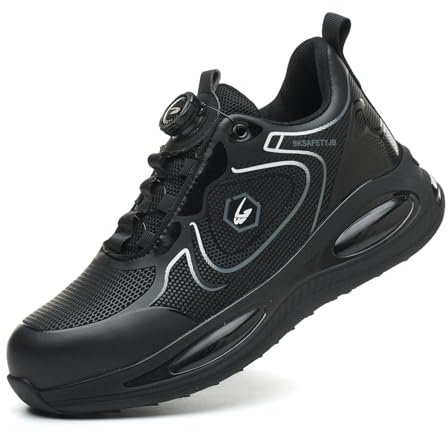 SmoothPace Sicherheitsschuhe Arbeitsschuhe Herren Damen Leicht rutschfeste wasserdichte Stahlkappenschuhe Bequeme Atmungsaktive Safety Shoes Mit Drehverschluss Blackwhite 42EU