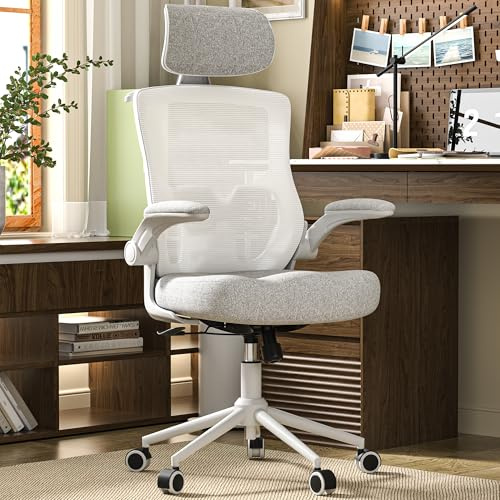 FOKESUN Silla Ergonómica de Malla con Soporte Lumbar y Reposacabezas Ajustable - Silla de Oficina Alta con Asiento de Espuma, Bloqueo y Perchero (Gris)