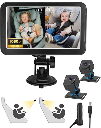 eSynic 1080P HD Dual Baby Car Camera 7'' Split Screen Double Baby Monitor Child Mirror Rear Facing for Car Back Seat with Night Vision| 360° Rotatable Camera|150° Wide Angle for 2 Baby Kids Twins Pets
