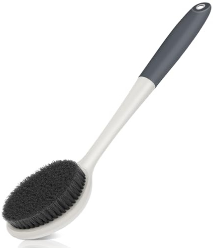surlees Limpiador de espalda para ducha para hombres y mujeres, 17 pulgadas, cepillo corporal para cepillado húmedo y seco, exfoliante corporal y cepillo de espalda, cepillo de ducha con mango largo