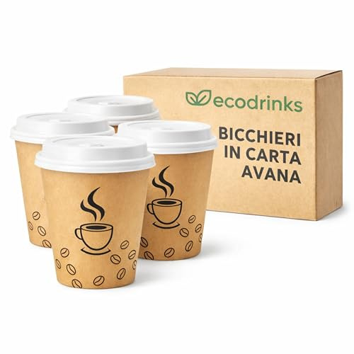 ecodrinks 200 Bicchieri di Carta con Coperchio da 120ml - Rivestimento Interno Impermeabile, Biodegradabile, Look Professionale - Per Bar, Ufficio, Eventi - Colore Avana e Grafica Caffè