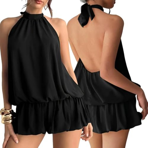 Hanaoops Vestido de Verano para Mujer Casual Sin Mangas Cuello Halter Mini Vestido Elegante sin Espalda A-Line Vestidos con Volantes Vestidos Cortos de Playa