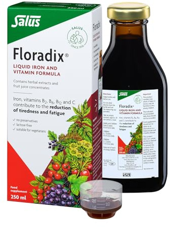 Salus Floradix Liquid Iron 250ml Supplement with Vitamin C & B-Complex. Iron contributes to the Reduction of Tiredness. Vegetarian. No preservatives. Suitable for Women, Men and Children 3+.
