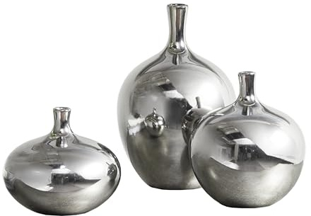 Madison Park Signature Ansen Ceramic Handmade Vase Set Home Décor - Metallic Accent Living Room Decoration Ideal for Shelf, Side Table, Mantle Ornaments, Multi Size, Silver 3 Piece