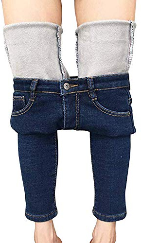 semen Jeans Femme en Polaire Fleece Pantalon Jogging Legging Moulant Extensible Skinny Chaud Denim Fitness Automne Hiver Casual