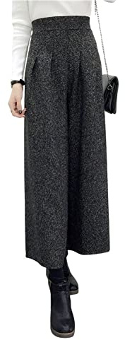 chouyatou Pantalon d'hiver taille haute pour femme à jambes larges à carreaux en mélange de laine Palazzo Capri Culottes avec poches, gris foncé, Taille M