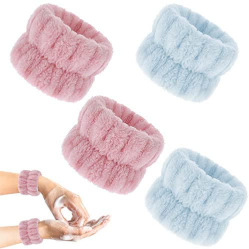 Juego de 4 piezas de bandas de lavado para lavado facial, toalla de muñeca de spa, toalla de muñeca elástica absorbente para mujeres y niñas para lavar la cara, yoga, ejercicio, rosa y azul claro