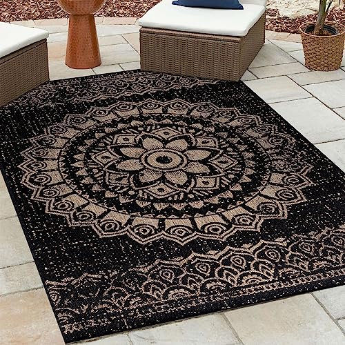 HomebyHome Outdoor Teppich Wetterfest 80x250 cm Sisal Optik Streifen Design Läufer Schwarz - Balkon Läufer Wasserfest Küchenteppich - Für Garten, Terasse, Camping, Außenbereich Teppich