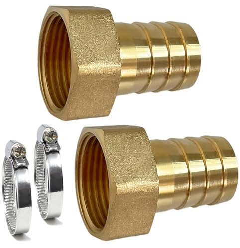 2 Stück Schlauchtülle 1 Zoll Messing Schlauchverschraubung 1 IG x 25mm (1) Tülle, Schlauchanschluss mit 2 Schlauchschellen und Kostenlos Gewindedichtband (1 IG x 25mm (1) Tülle)