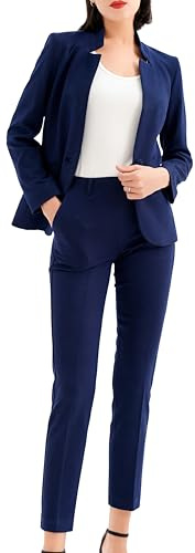 Marycrafts Women's Professional Stand Up Collar Blazer Pant Suits 2 Piece Set Business 18 Navy