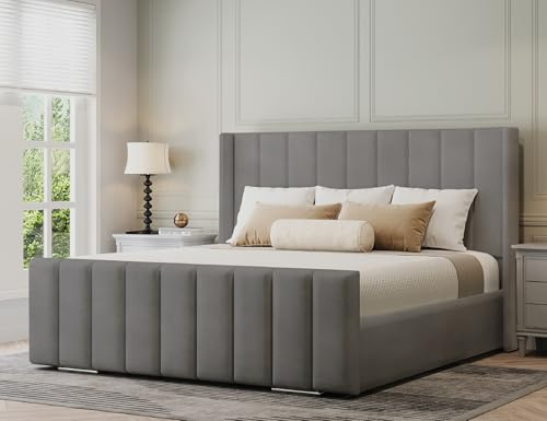 Furnishion Vienna Wingback Double Bed Frame 4ft6, Modern Plush Velvet Upholstered Panelled Design, Luxury 4ft6 Beds Base with High Headboard, Stylish Bed Frame Double for Bedrooms in Grey Plush