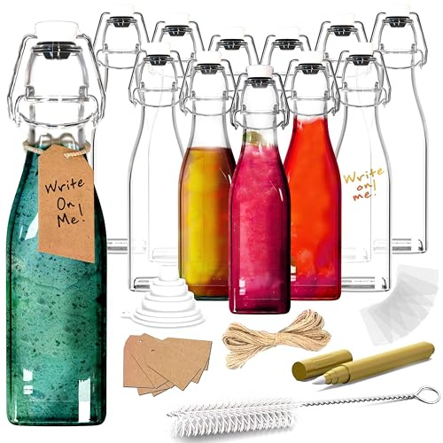 Nevlers 12 Oz Swing Top Glass Bottles with Lids – 12 Pack | Square Flip Top Glass Bottle with Lid Set w/Shrink Wrap, Tags & String, Funnel, Brush, & Marker | Water, Dressing & Vanilla Extract Bottles