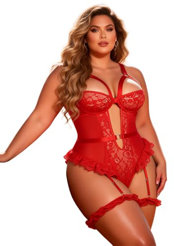 ohyeahlady Body Mujer Sexy Para Vestir Sin Mangas Tallas Grandes Bodis Corta Elastico Mono Babydoll de Encaje Floral Lencería y Atrevida de Lujo Ropa Interior Con Liguero (Rojo,XL-2XL)