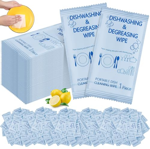 Tondiamo 150 Pcs Travel Dish Soap Wipes Individually Wrapped Dish Cleaning Wipes Disposable Portable Cleaner with Lemon Scent for Camping Kitchen Outdoor Traveling Quick Clean