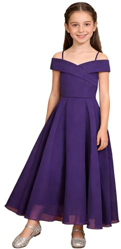 Vxuxlje Enfant Fille Robe Soirée Princesse Epaule Nue Robe Demoiselle d'honneur Mariage Cérémonie Robes de Fête Bal 6-16 Ans Violet 11-12 Ans