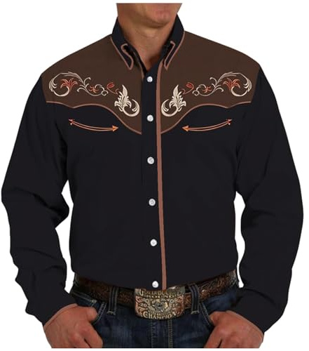 Caxndycing Chemise western à manches longues brodée pour homme - Imprimé cowboy - Chemises de style occidental - Mode traditionnelle brodée - Kaki - Chocolat - Petit - Chemises - Imprimé 3D - Chemise