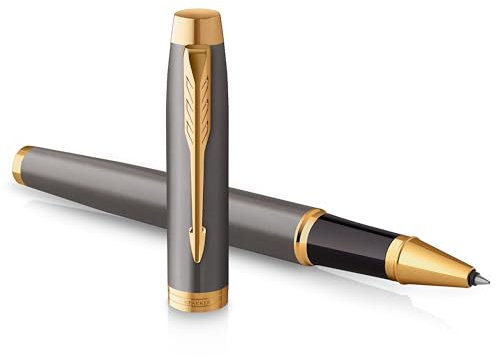 PARKER IM Rollerball Pen | Grey Lacquer with Gold Trims | Fine Stainless Steel Point | Black Ink Refill | Gift Box | Perfect Graduation Gifts