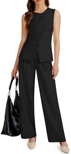 Casly Lamiit 2 Piece Outfits for Women 2026 Sleeveless Blazer Jackets Wide Leg Pants Business Casual Work Matching Set Interview Suits Black S