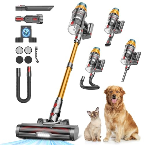 SICBCGB Aspiradora sin Cable para Pelos de Mascotas, 50kPa/600W Potente, 70Min Autonomía, Manguera 1M, Cepillo Antienredos, Autoportante, Aspirador Escoba Silenciosa para el Hogar, Perros y Gatos
