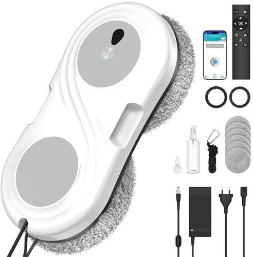 SWBSLL Robot Limpiacristales, 8000Pa Robot Limpiador de Ventanas Automático con Doble Pulverizador de Agua, Control Remoto, 3 Modos de Limpieza, Seguridad Anticaídas, Detección de Bordes et 6 Trapo.