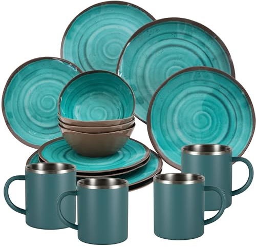 Melamin Geschirr Set Türkis für 4 Personen 16 Teile mit Edelstahl Thermo Tassen doppelwandig - Tonoptik Essgeschirr - Campinggeschirr Picknick ideal für Camping modern Outdoor