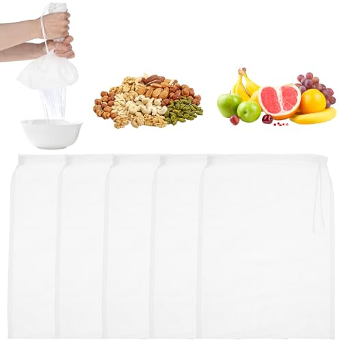 5 sacchetti per latte di noci, in nylon, per alimenti lavabili, per formaggio, riutilizzabili, per cucina, per filtrare succhi di frutta, caffè, yogurt (20 x 30 cm)