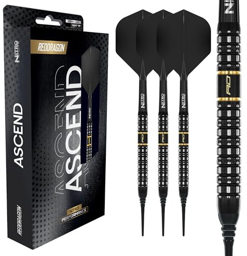 RED DRAGON Darts - Ascend Series - 18g Barrel/ 20g Full Weight Soft Tip Parallel Dart Set - 90% Professional Tungsten Darts Set - Nitro Flite Integrated Flight/Shaft, Dart Flights & Stems