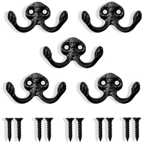 FKiZanthene Patere - Gancho de pared doble de zinc negro (5 unidades, gancho de pared para atornillar, estilo vintage, para abrigo, cuarto de baño, cocina y entrada