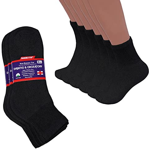 Diamond Star Diabetic Ankle Socks, Non-Binding Circulatory Doctor Approved Cushion Cotton Quarter Socks for Men’s Women’s (12 Pack Black, Men's 10-13 Shoe Size 7-12)