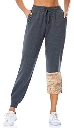 MOVE BEYOND Gefütterte Jogginghose Damen Warm Thermo Fleecehose Winter Verdickte Kuschelhose mit 2 Taschen Sherpa-Innenfutter Kordelzug Sweathose, Grau, L