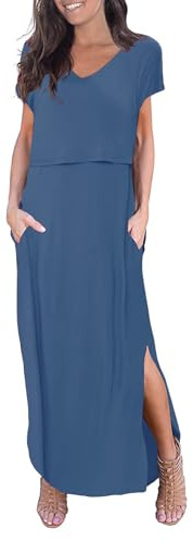 Smallshow Abito Allattamento Donna Lungo Split Vestiti Premaman Eleganti Estivi Grey Blue L