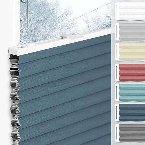 bobodeco Wabenplissee Plissee ohne Bohren Verdunkelung Klemmfix Thermo Verdunklungsplissee, Blau-Weiß 80x120 cm(BxH), 100% Verdunkelnd & Sicht- & Schallschutz, Wärmeisolierung für Fenster & Tür