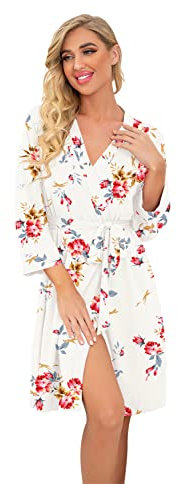 PrinStory Damen Bademantel Leichter Frauen Morgenmantel V-Ausschnitt Kimono Robe Gestrickt Lässig Morgenrock (Blumendruck Rose Weiß, XL)