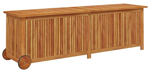 vidaXL Scatola portaoggetti da patio con ruote, panca da esterno, in legno, marrone, cuscino per portico, 150 x 50 x 57,9 cm, in legno massello di acacia