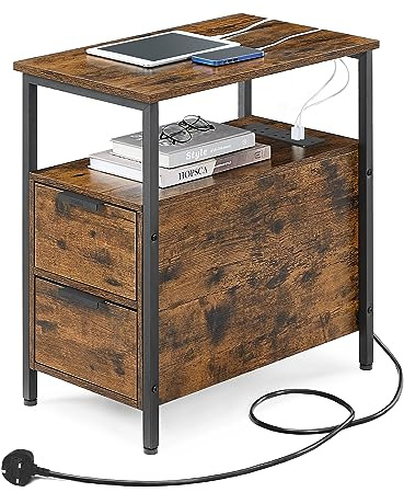 VASAGLE Slim Side Table with Charging Station, Narrow End Table with 2 Drawers, Bedside Table with Storage, for Living Room, Bedroom, Rustic Brown and Classic Black LET326B01