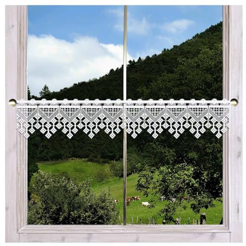 Feenhaus-Spitzengardine Jara aus Echter Plauener Spitze Moderne Stangendeko mit Rautenmuster weiß 15 x 80 cm