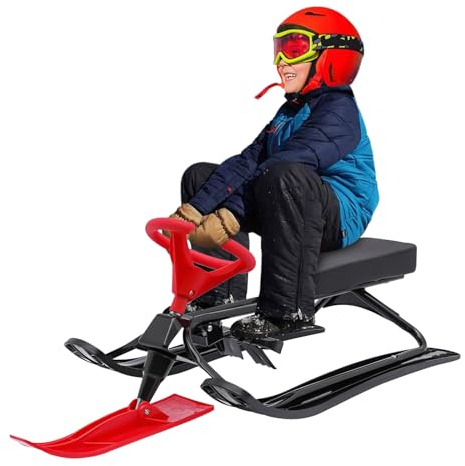 HinLIaDa Snow Racer Sled, Winter Ski Sled for Kids, Snow Sled with Steering Wheel & Twin Brakes, Great Weight Capacity of 220 LBS, Classic Downhill Steerable Sled for Kids Teenagers Adult (Red)
