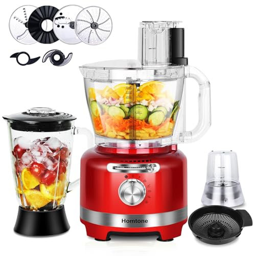 Homtone Küchenmaschine Elektrisch 10-in-1, 1000W Multizerkleinerer 1,5L Glasmixer & 3L Schüssel zum Schneiden, Hacken, Raspeln, Mixen, Pürieren & Teig, 6 Voreinstellungen, den Heimgebrauch, Rot