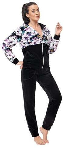 LEVERIE Trendig wellnessdräkt för damer/hemmadräkt/träningsoverall (tillverkad i EU) med snygg sweatjacka och bekväma byxor, Svart med blommönster, XL