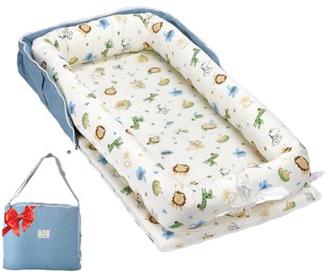 Loevin Baby Lounger for Newborns & Infants 0–24 Months, 100% Cotton Breathable Infant Support Cushion with Adjustable Size, Portable Baby Nest for Home and Travel, Baby Shower Gift (Animal World Blue)