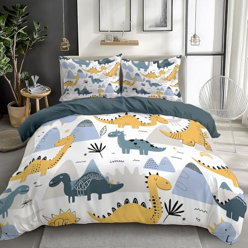 Sängkläder 90 x 190 cm söta dinosaurier, kawaii estetisk polycotton sängkläder set med blå dragkedja påslakan mjukt sängkläder tryckt med 1 örngott 65 x 65 cm
