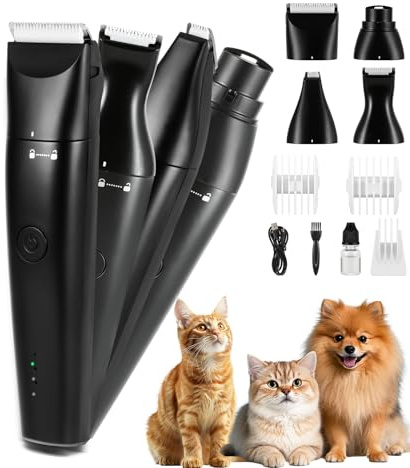 4 in 1 Dog Clippers for Grooming Paw Trimmer,USB-C Recharge & Two Speeds | Dog Grooming Clipper Kit Nail Ginder with Two Speeds, Cordless Pet Cat Trimmer Shavers for Thick Hairs for Poodle, Small Pets