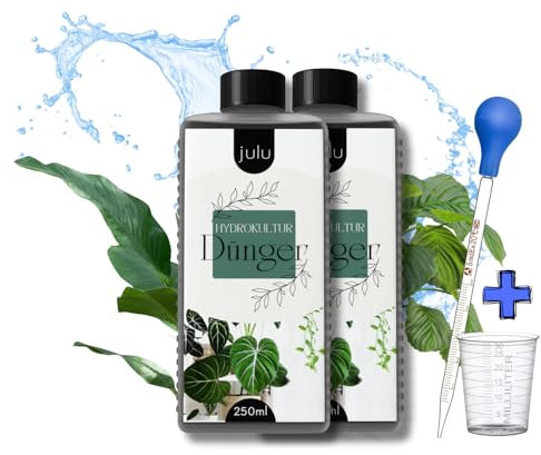 JULU Engrais Deluxe pour culture hydroponique pour plantes d'intérieur - Plus de 200 l d'eau d'arrosage - Engrais liquide - Plantes fortes et saines - Avec pipette et verre doseur - 2 x 250 ml