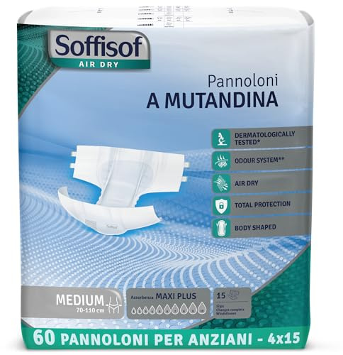 Soffisof Air Dry Pañales Adultos Maxi Plus M - 60x Pañales Adultos Maxima Absorcion Hasta 10 Gotas - 4 Paquetes de 15 Unidades - Incontinencia Hombre y Mujer
