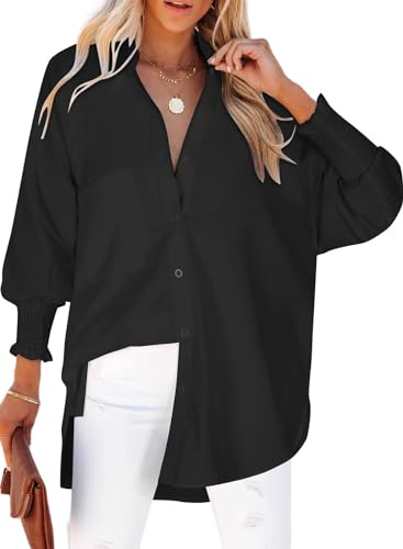 Chicrise Blusa de Manga Larga para Mujer, diseño a Rayas, con Botones, Talla Grande, Ligera, con Bolsillo, Camisa básica Informal, Negro Puro, S