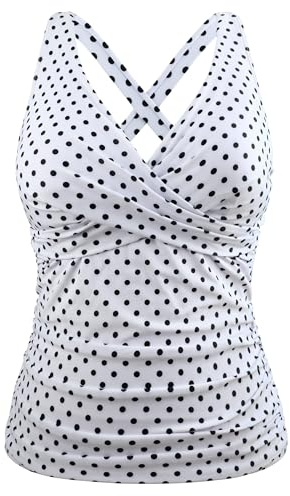 Firpearl Women Underwire Tankini Top Only Twist V Neck Swimsuits for Big Busted Ruched Tummy Control Bathing Suits Top, Black Polka Dot, 8